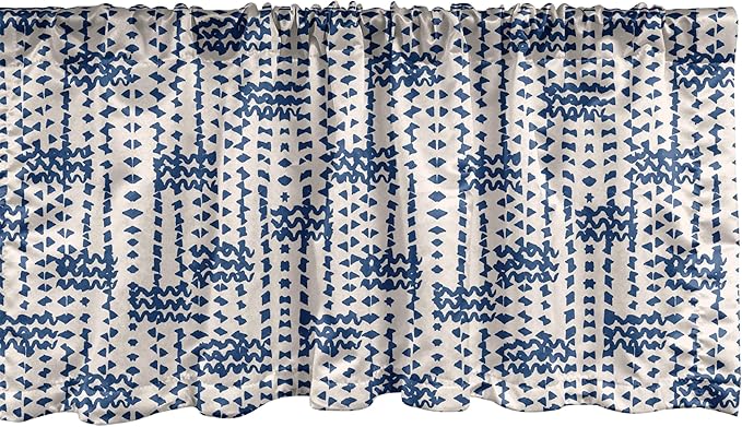 Ambesonne Ethnic Window Valance Pack of 2, Messy Waves and Small Triangles Indonesian Traditional Pattern Watercolors, Rod Pocket Curtain Valances for Kitchen Bedroom, 42" X 12", Navy Blue and Cream