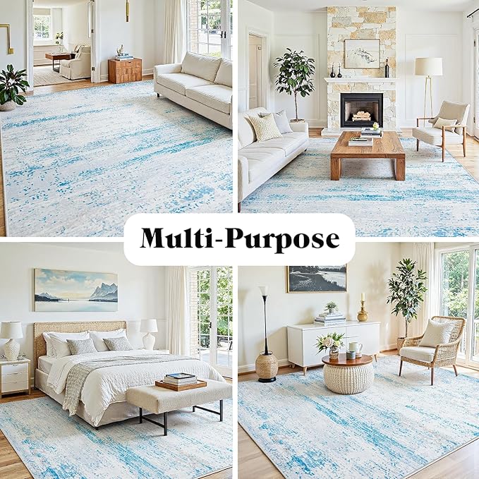 9x12 Washable Area Rug for Living Room Bedroom: Non-Slip Modern Light Blue | - Image 3