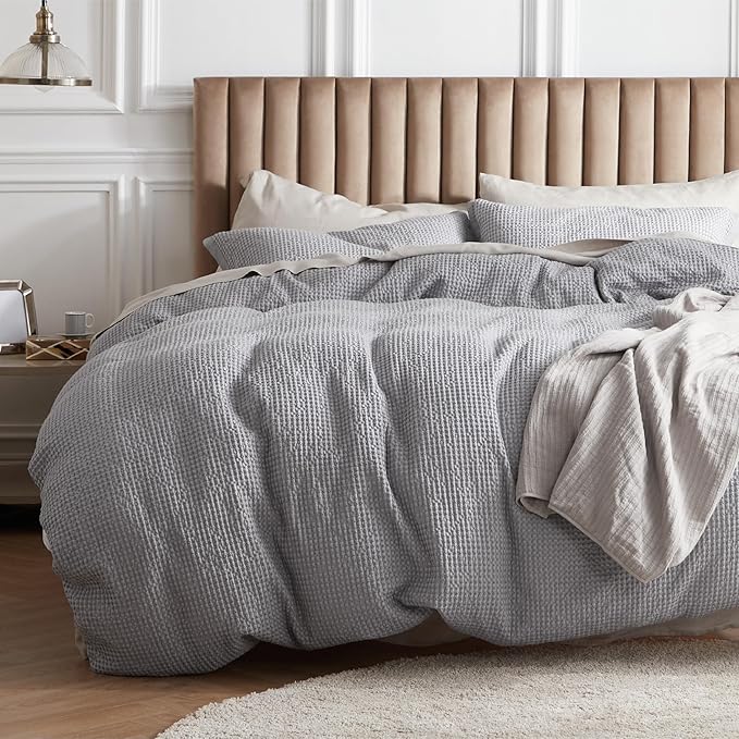 Bedsure Cotton Duvet Cover Set - 100% Cotton Waffle Weave Grey Duvet Cover Oversized King Size, GentleSoft™ and Breathable Bedding Set for All Season, 3 Pieces, 120"x98"