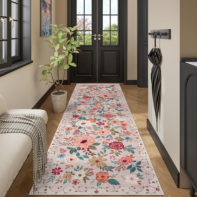 DUKINO 2x10 Runner Rug, Floral Washable Kitchen Runner Rug Non Slip, Low Pile - Image 7