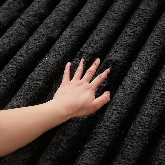 Black Rabbit Striped Plush Rug 4'x6', Fluffy Faux Fur Shaggy Area Rug - Image 4