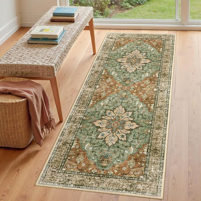 RELEANY Washable Area Rug, Runner 3'x6', Brick/Brown/Green | Non-Slip, Water - Image 3