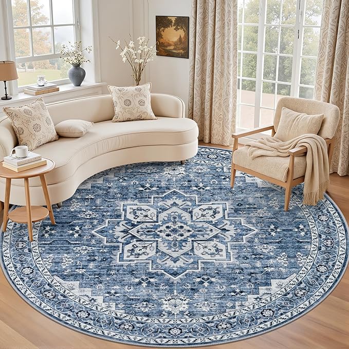 Round Area Rug for Living Room: 8ft Washable Rug for Bedroom Blue | Vintage by EXPEDIX