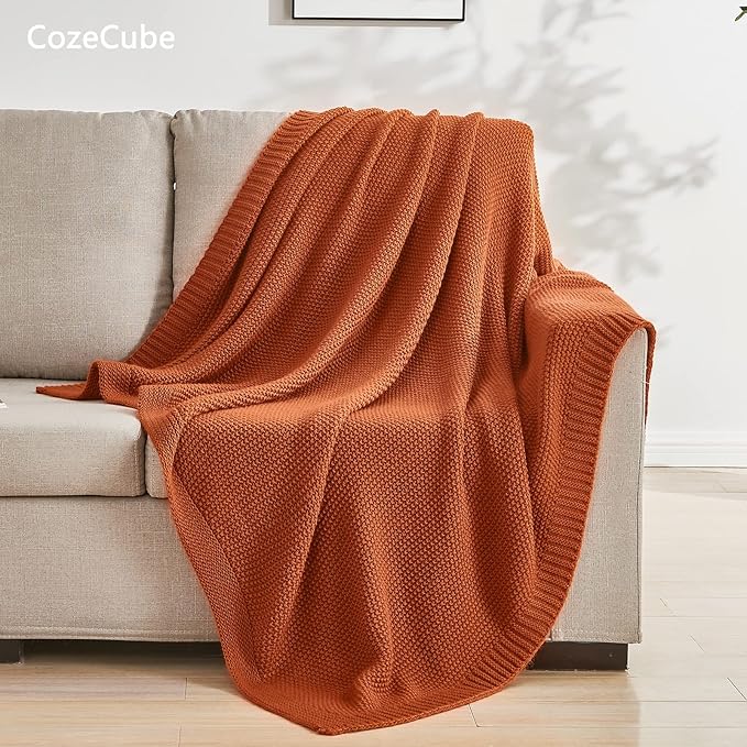 CozeCube Burnt Orange Seed Stitch Throw Blanket 50"x60", Farmhouse Decor | - Image 3