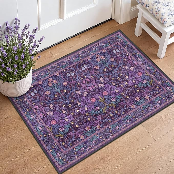 Washable Purple 2x3 Entryway Area Rug, Bohemian Small Throw Violet Carpet by HazoHaus
