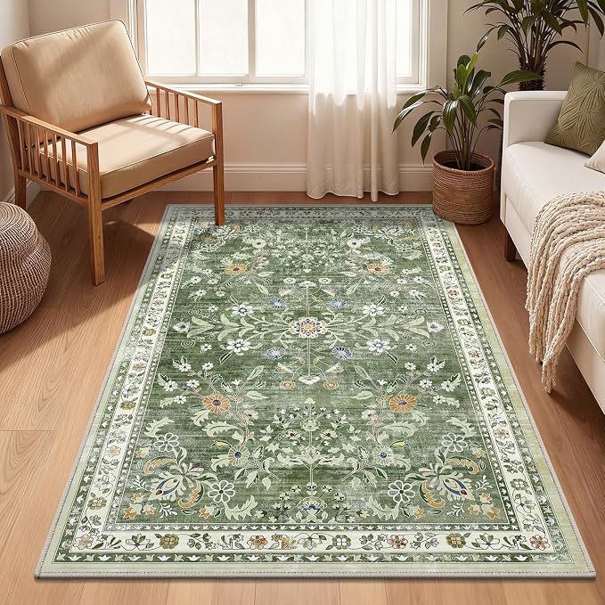 Yamaziot 3x5 Washable Area Rug for Bedroom Floral Carpet Sage Green | Non Slip by Yamaziot