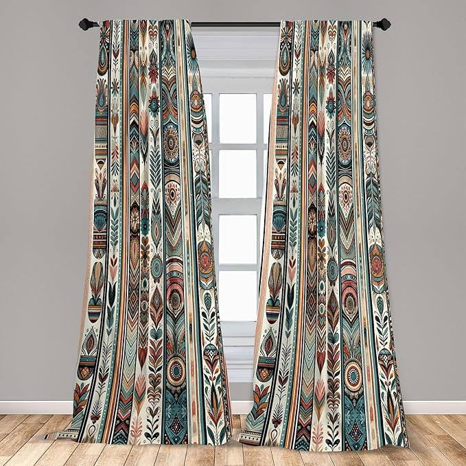 Ambesonne Ethnic Curtains, Folkloric Style Floral Ornaments with Bohemian Oriental Motifs as Stripes, Window Treatments 2 Panel Set for Living Room Bedroom, Pair of - 28" x 84", Teal Coral and Orange