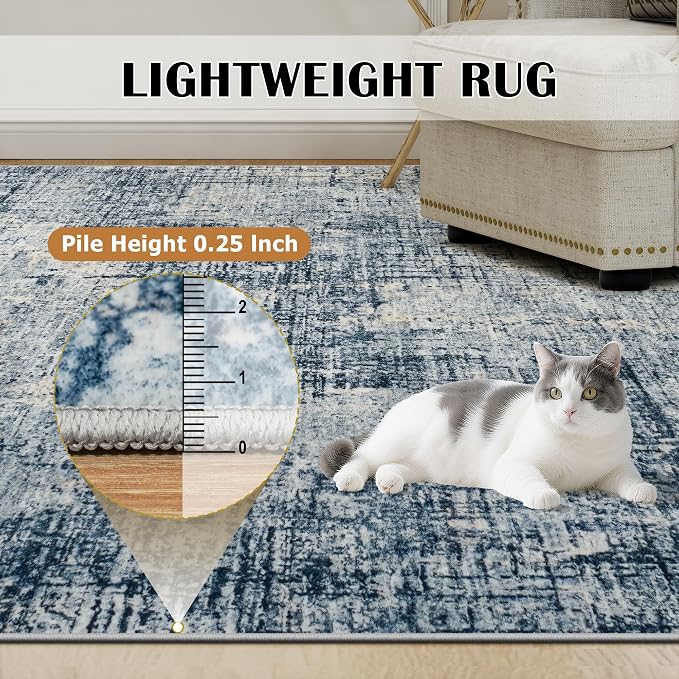 10x14 Washable Area Rug for Living Room Bedroom: Non-Slip Modern Blue Gold | - Image 7