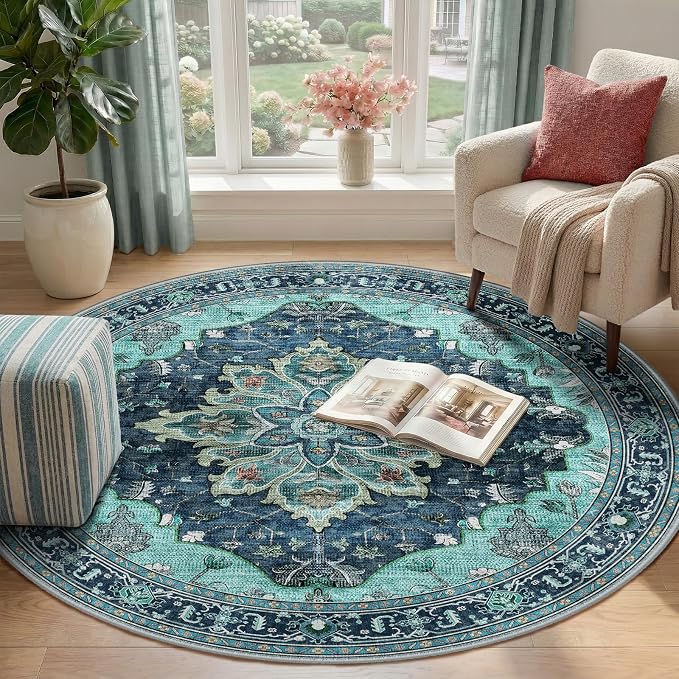 RELEANY Washable Area Rug, Round 4ft, Teal | Non-Slip, Water Repellent - Image 2