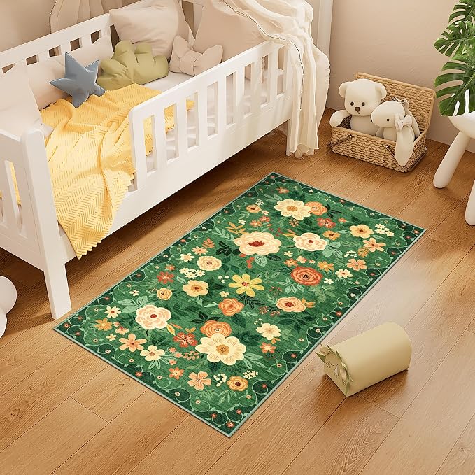 DUKINO 2x4 Entryway Rug, Floral Washable Kitchen Rugs Non Slip, Dark Green | - Image 3
