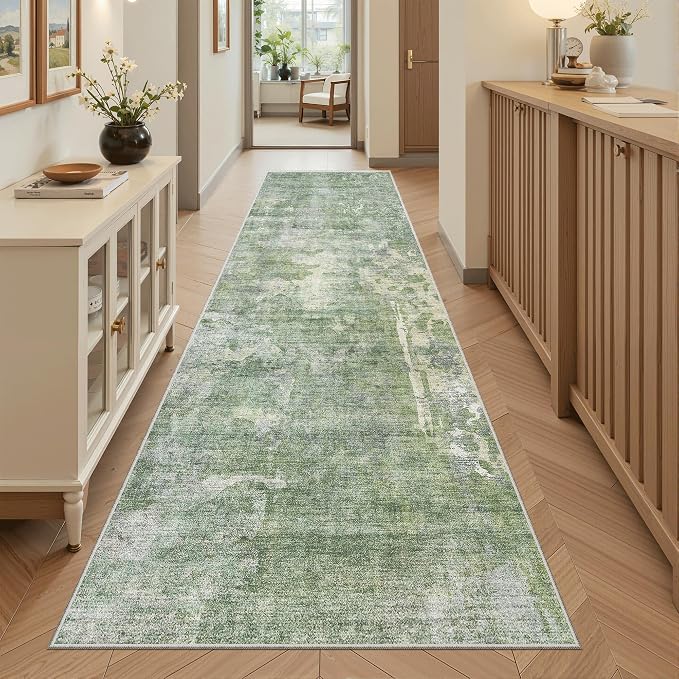 Soalmost Runner Rug 2'6"x8' Kitchen Hallway Runners Abstract Green/Ivory | by Soalmost