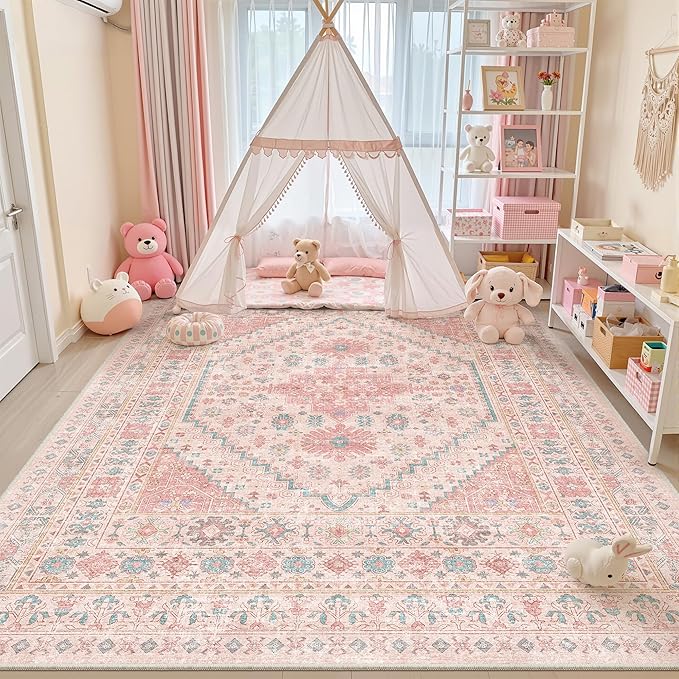 Pink Rugs for Bedroom-8x10 Area Rugs for Living Room, Girls Room | Washable by Zesthome
