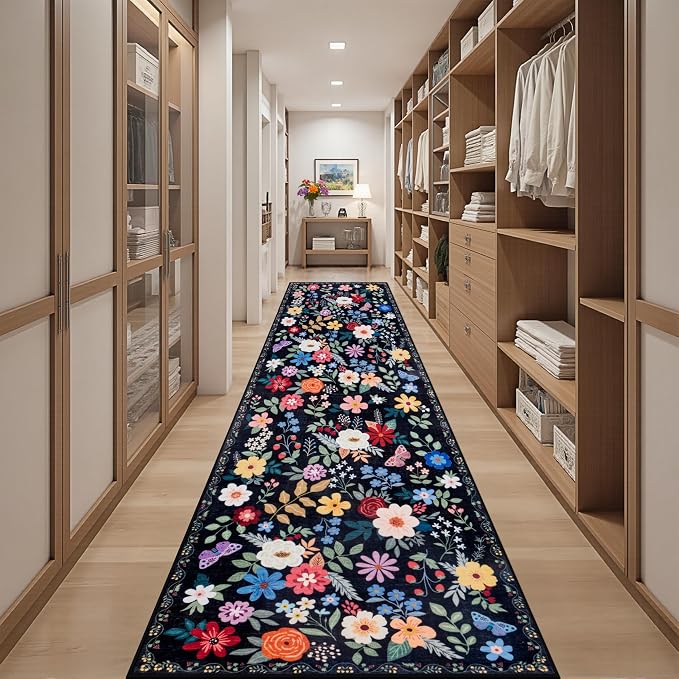 PLHXFR 2.6x14 Washable Runner Rug：Floral Indoor Kitchen Soft Carpet Black | - Image 5