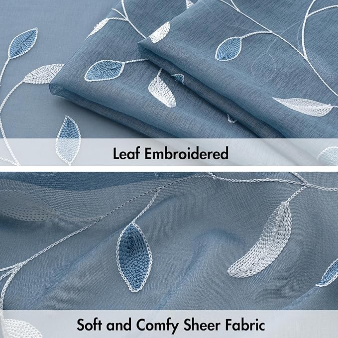 MIULEE Stone Blue Sheer Curtains 2 Panels Leaf Patterned, W52 x L63 | - Image 4