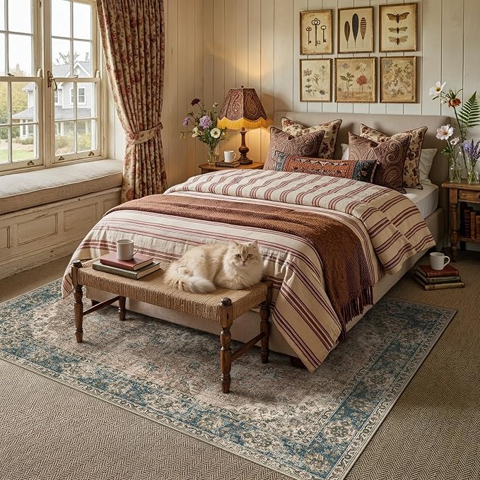 5x7 Blue Brown Retro Floral Washable Area Rug - Image 2