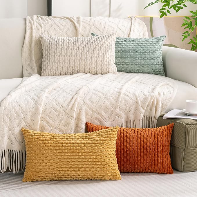 Set of 4 Yellow Rust Aqua Decorative Throw Pillow Covers 12x20 Inch Corduroy by Cozoomy