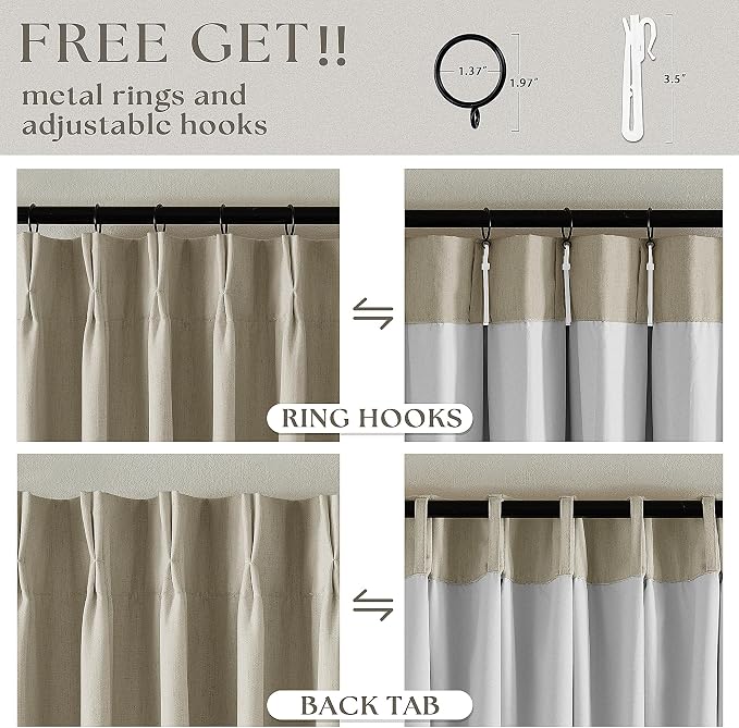 Burlywood Birch Pleated Blackout Linen 108 Inch Long Curtains 60 Inch Wide | - Image 5