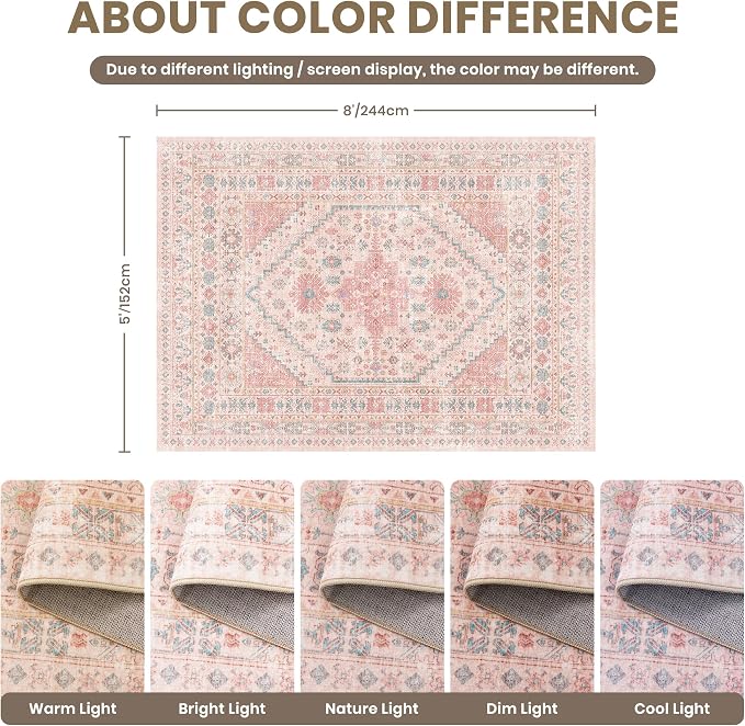 Pink Rugs for Bedroom-5x8 Area Rugs for Living Room, Girls Room | Washable Rugs - Image 2