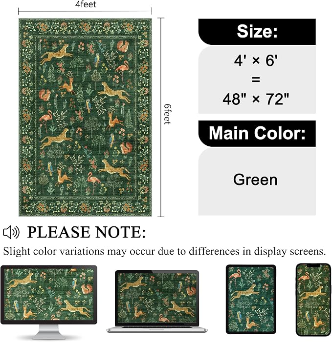 DUKINO 4x6 Area Rug, Non Slip Animal Washable Rug - Image 2