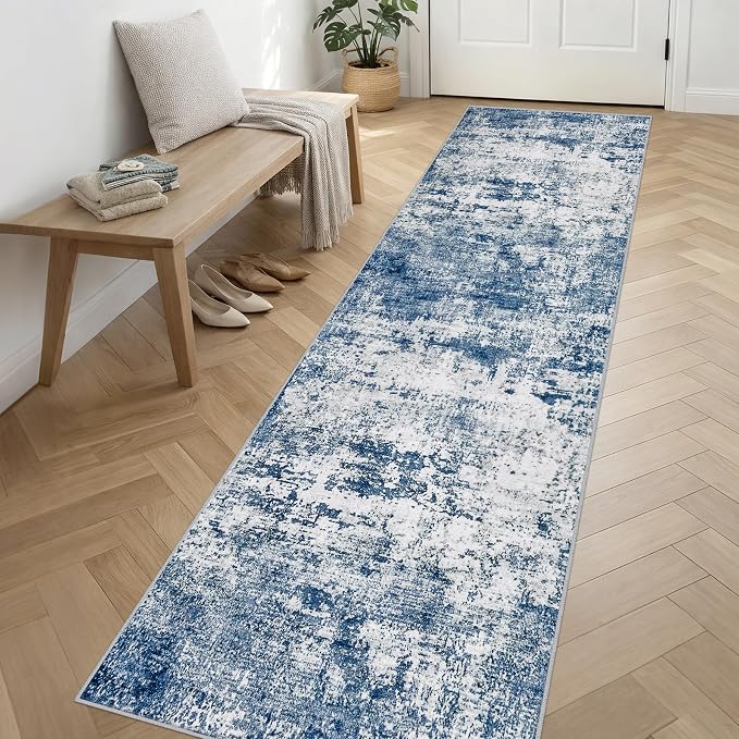 2.6x14 Washable Runner Rug:Modern Abstract Indoor Soft Carpet Blue | - Image 3