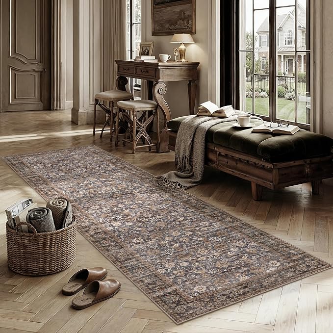2'6''x18' Brown Blue Vintage Floral Washable Runner Rug - Image 2
