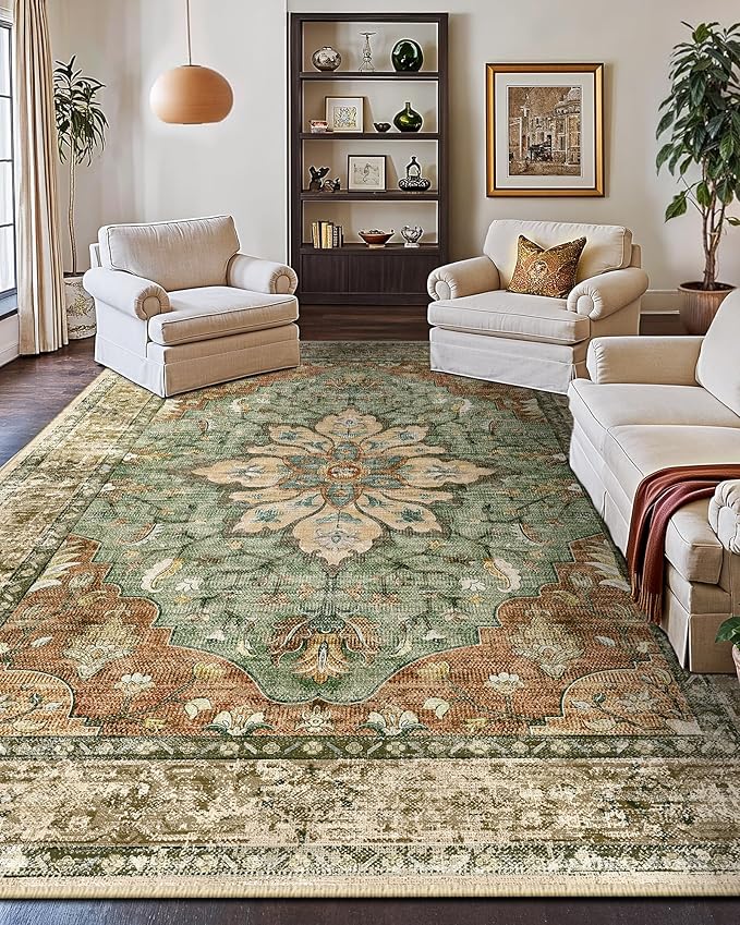RELEANY Washable Area Rug, Large 10'x14', Brick/Brown/Green | Non-Slip - Image 3
