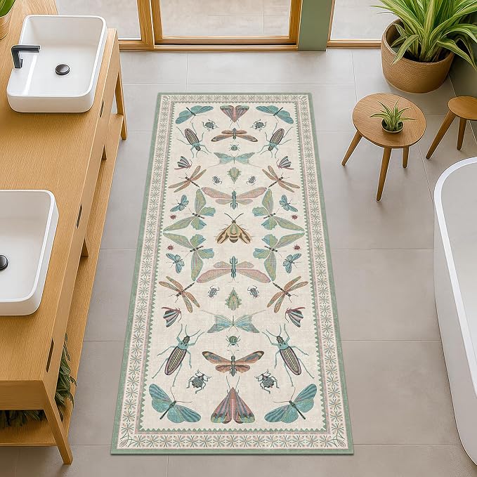 Washable Non Slip Bathroom Runner Rug 2x5, Insect Boho Bath Mat, Stain by HazoHaus