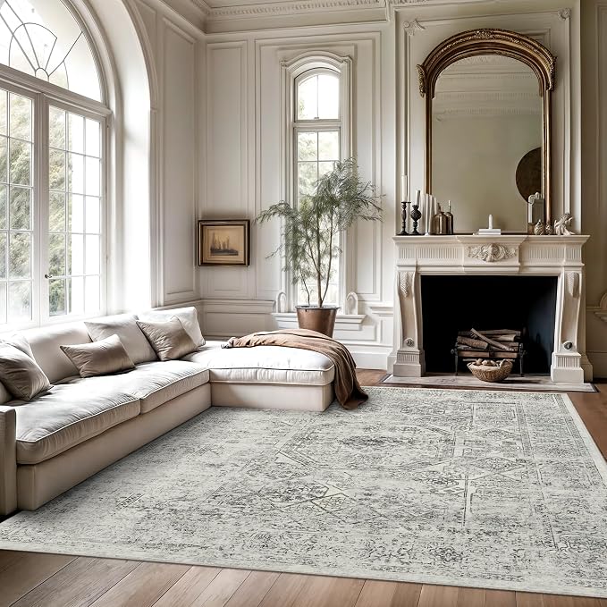 Soalmost 5x7 Area Rugs Light Gray Washable Trendy Faded Style Floral Rugs | - Image 2