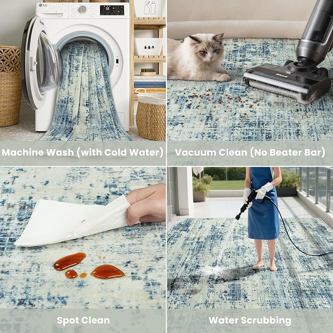 10x14 Washable Area Rug for Living Room Bedroom: Non-Slip Modern Blue Gray | - Image 5