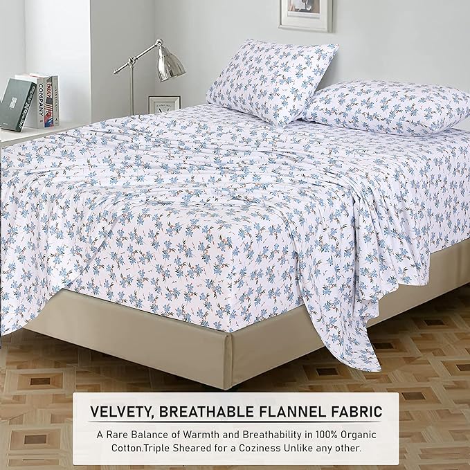 RUVANTI Flannel Sheets King Size - 100% Cotton Brushed King Size Sheets Set - Deep Pockets 16 Inches Bed Sheets - All Seasons Breathable & Extra Soft - Warm & Cozy, 4 Piece, Cloud Nine