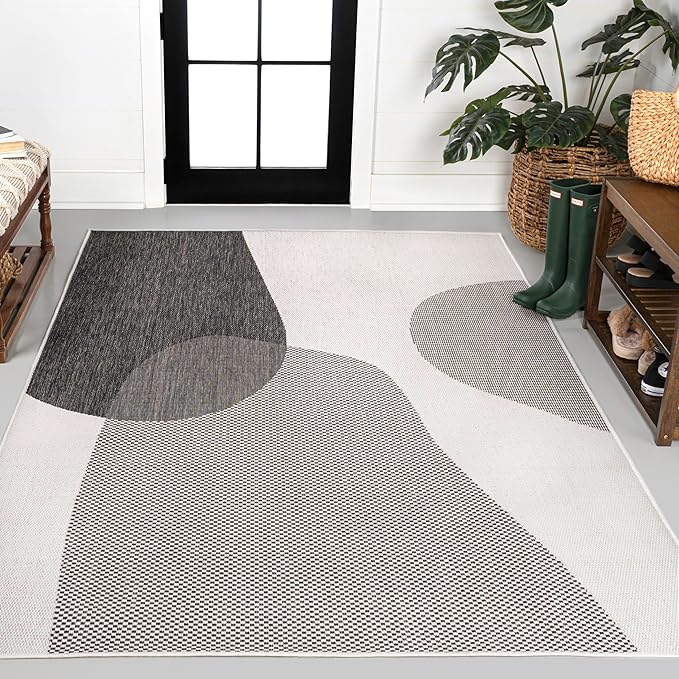 JONATHAN Y Geometric Organic Shapes Indoor Outdoor Area Rug 5X8 Cream/Black, Zia Modern for Backyard, Patio, Porch, Easy-Cleaning, High Traffic, Pet-Friendly, Non-Shedding (TSN306A-5)