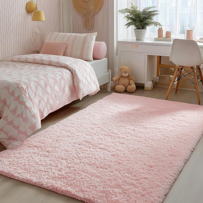 Pink Fluffy Shag Area Rugs for Bedroom 3x5 Ft, Bedside Preppy Dorm Area Rug | by PAGISOFE