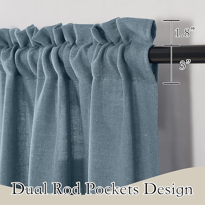 RYB HOME Blue Curtains Sheer - Flax Linen Sheers Farmhouse Curtains Airy Light Filtering Privacy Window Covering for Bedroom Living Room Dining, Stone Blue, 52 inch Width x 63 inch Length, 1 Pair