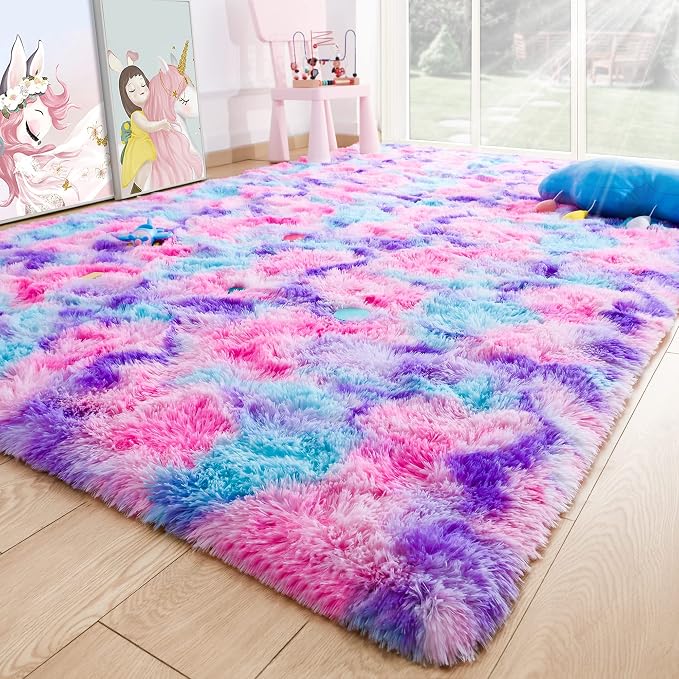 4x6 Tie-Dyed Pink Purple Blue Fluffy Area Rug Non-Slip - Image 9