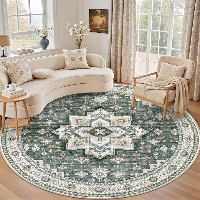 Round Area Rug for Living Room: 8ft Boho Washable Rug Green Ivory | Vintage by EXPEDIX