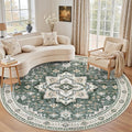 Round Area Rug for Living Room: 6ft Boho Washable Rug Green Ivory | Vintage by EXPEDIX