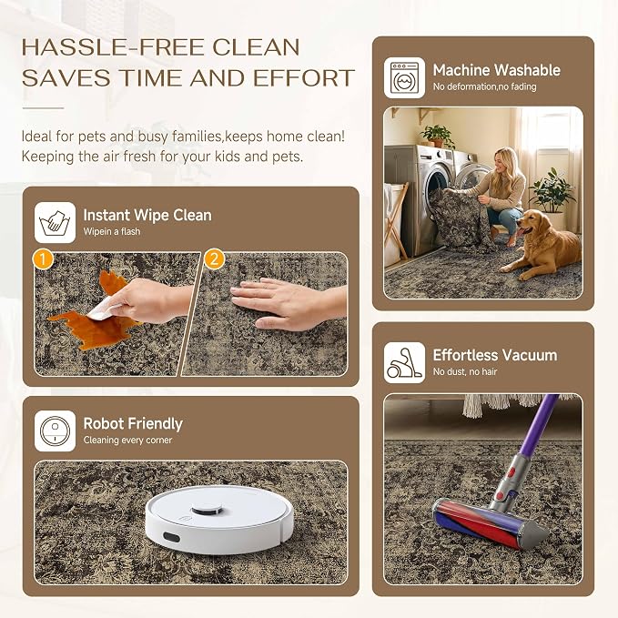 5x7 Brown Retro Floral Washable Area Rug - Image 6
