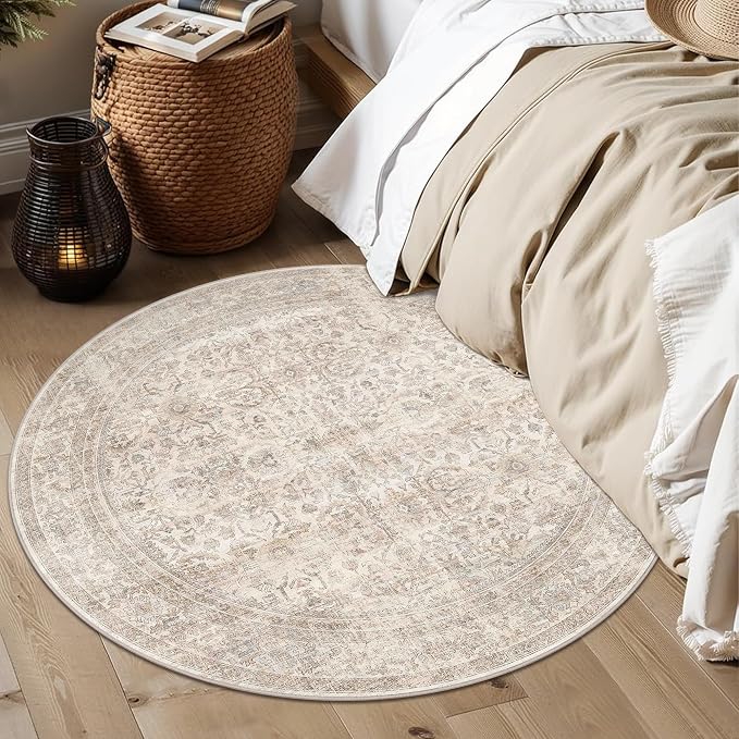 Schweek 4ft Round Rug Neutral Beige Washable Non-Slip Circle Rug Area Rugs | - Image 2