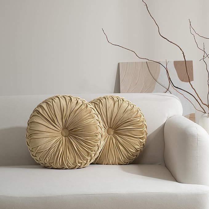 HIG Set of 2 Apricot Velvet Decorative Round Pleated Throw Pillows by HIG