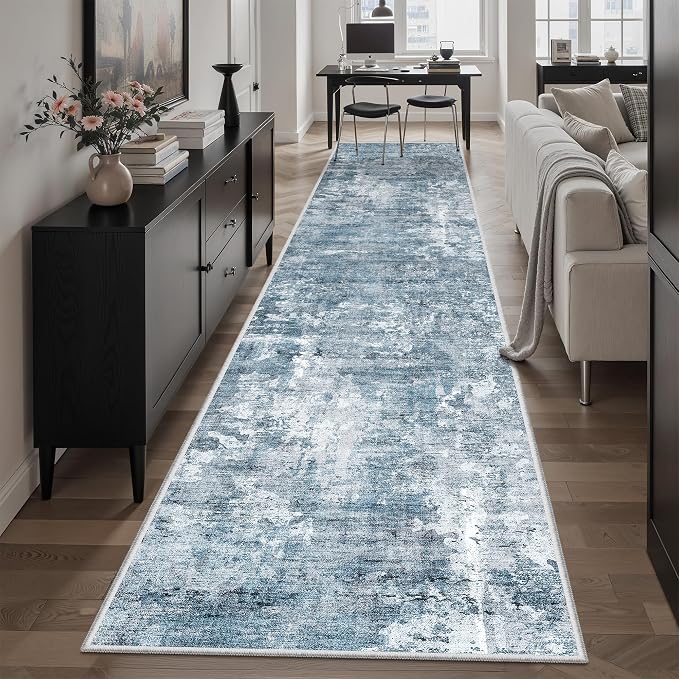 Soalmost Hallway Runner Rug 2'6" x 12' Kitchen Rugs Abstract Blue/Grey | - Image 3