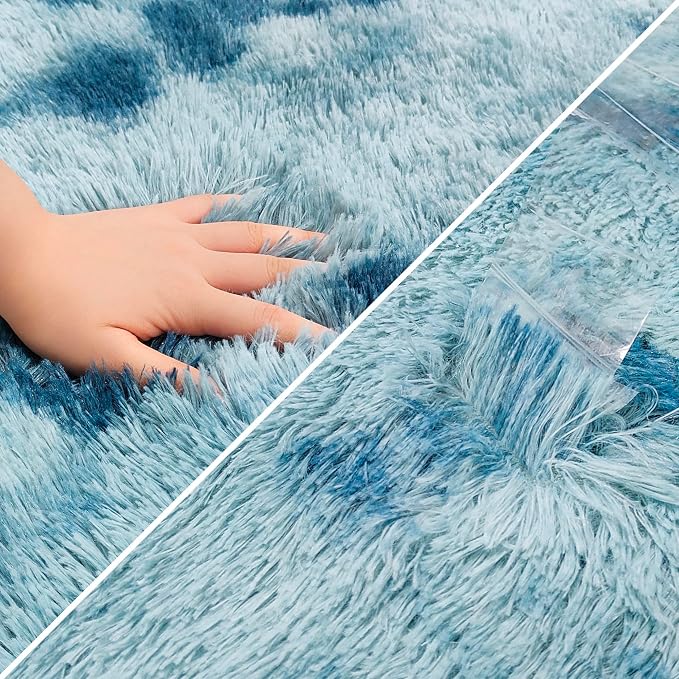 Super Soft Fluffy Living Room Area Rug 2x10 ft Tie-Dyed Light Blue Shaggy Furry - Image 6