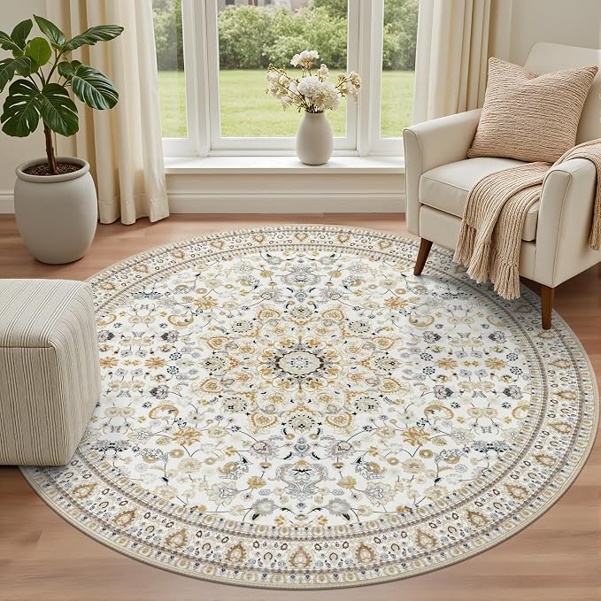 Round Area Rug for Living Room: 6ft Washable Rug for Bedroom Beige | Vintage - Image 2