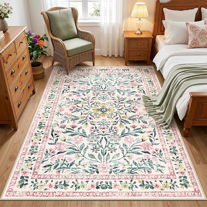 PLHXFR Area Rug Living Room: 3x5 Floral Washable Boho Carpet Pink Green | - Image 2