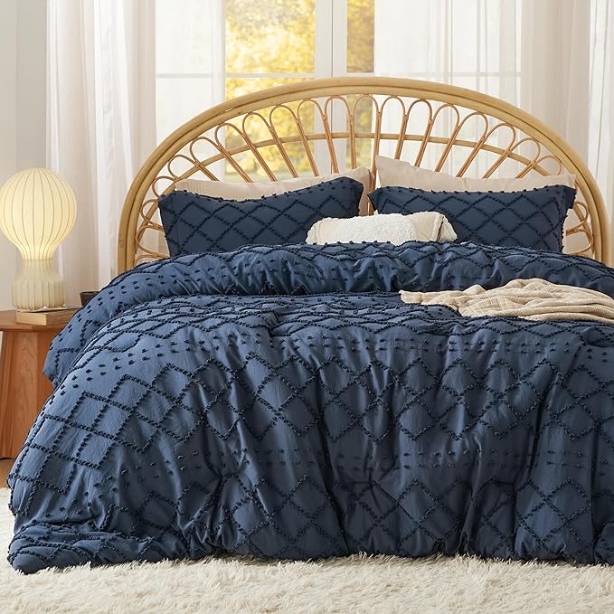 Bedsure Queen Comforter Set - Navy Blue Comforter, Boho Tufted Shabby Chic Bedding for Kids, 3 Pieces Vintage Farmhouse Bed Set for All Seasons, Fluffy Soft Bedding with 2 Pillow Shams