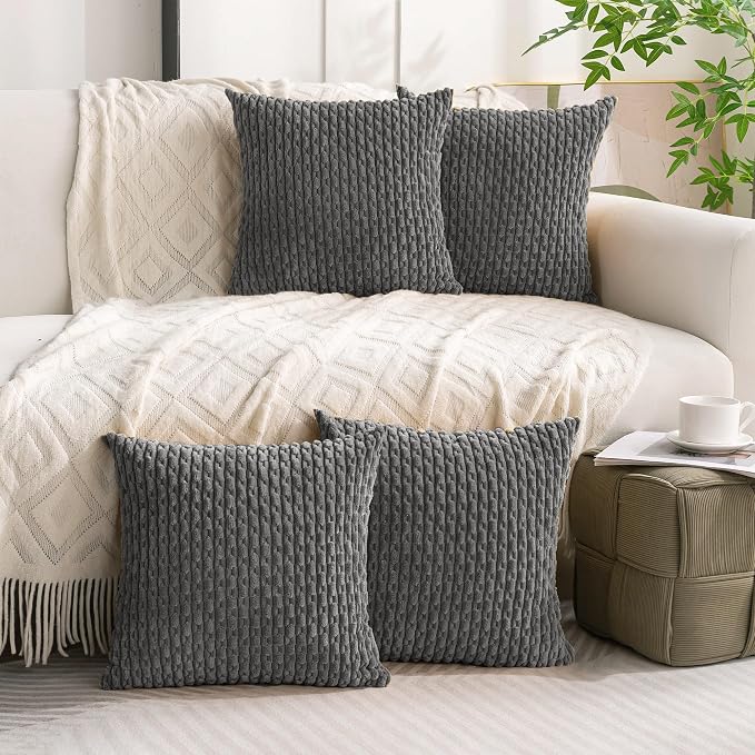 Set of 4 Dark Grey Decorative Throw Pillow Covers 16x16 Inch Corduroy Pillow - Image 2