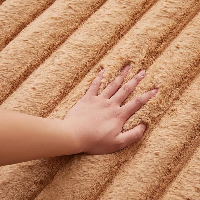 Coffee Rabbit Striped Plush Rug 2'x6', Fluffy Faux Fur Shaggy Area Rug - Image 3