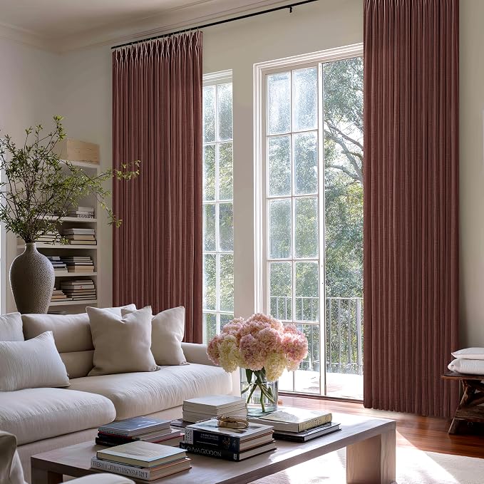 Pinch Pleat Linen Textured Reddish Brown Semi Sheer Curtains 120 Inch Long | - Image 9