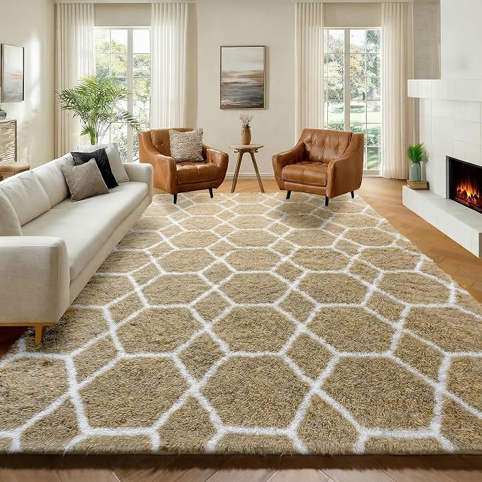 7x9 Area Rugs for Living Room Bedroom, Fluffy Beige and White Geometric Rug | by ONASAR