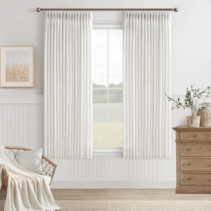 Short Beige White Linen Pinch Pleated Semi Sheer Curtains 63 Inch Long 50W | by Twodrapes