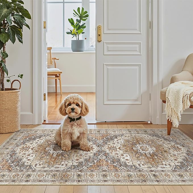 Madane Washable Area Rug 2x4, Small Entryway Rugs Non-Slip, Turmeric/Grey | - Image 2